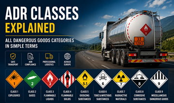 Classes ADR des marchandises dangereuses avec étiquettes de danger et catégories de transport en Europe
