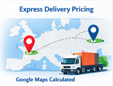 Itinéraire de livraison express sur une carte de l’Europe avec un camion et un prix de transport calculé via Google Maps